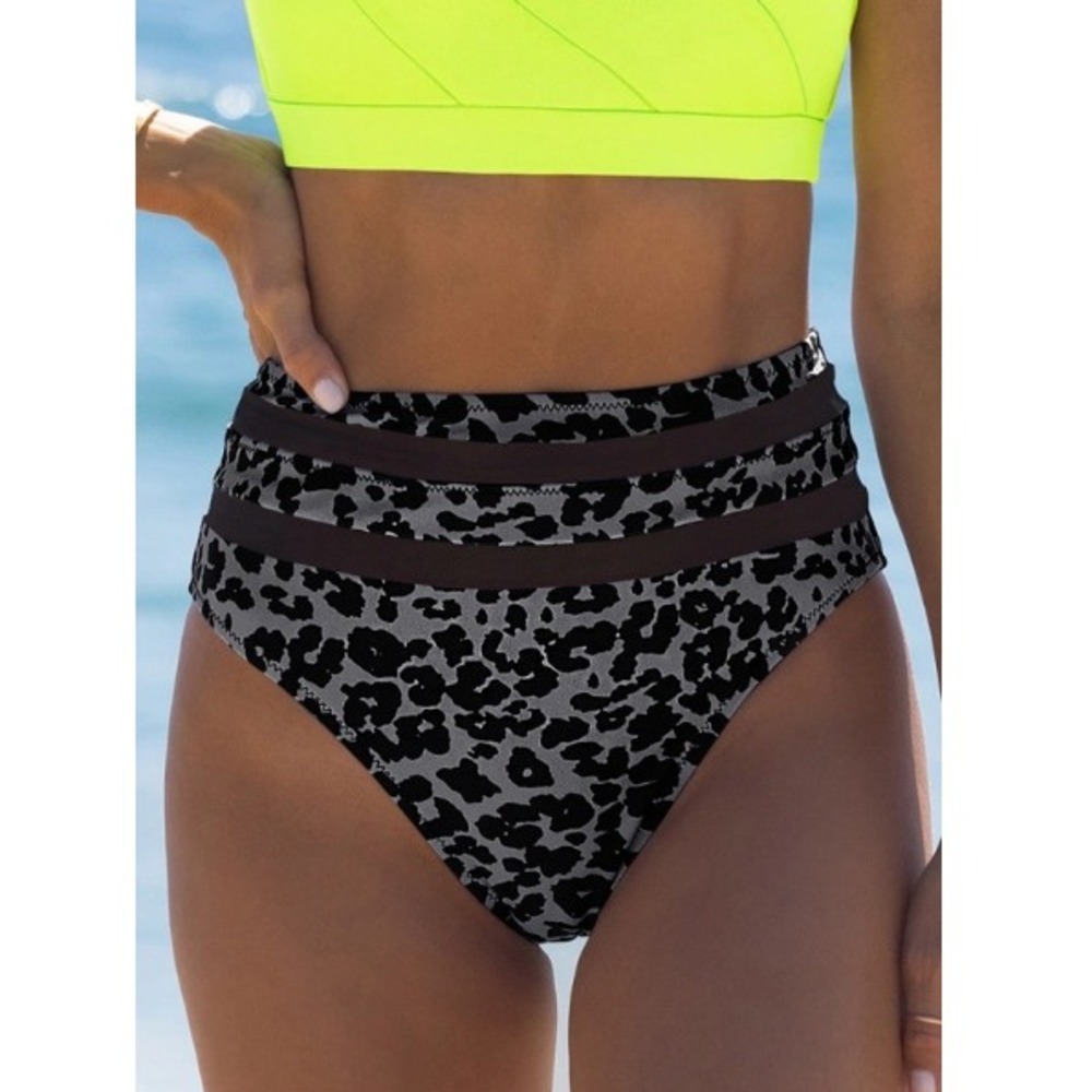 Popvil Women's Black High Waist Leopard Mesh Patchwork Bikini Bottoms Size M NWT